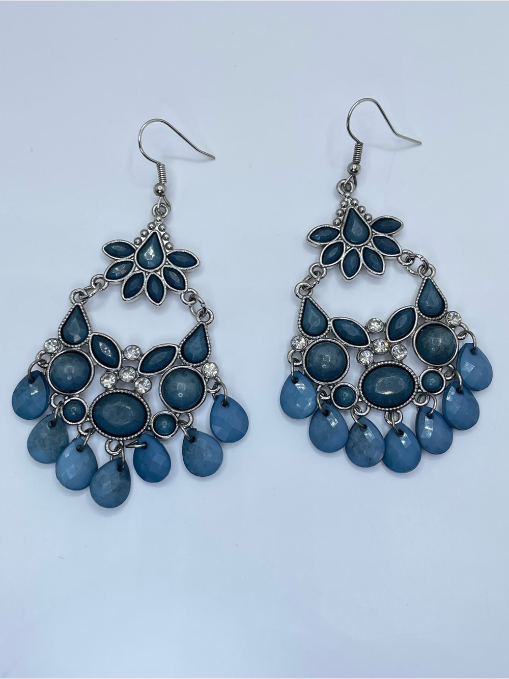 Silver Blue Acrylic Chandelier Earrings Boho Statement Art Deco